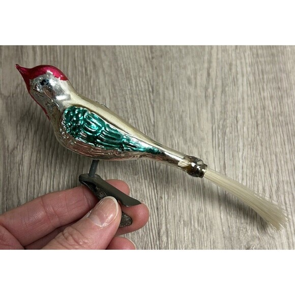 Vintage Mercury Glass Clip On Bird Ornaments Set Of 2 - 1 with Fiberglass Tail - Picture 4 of 10